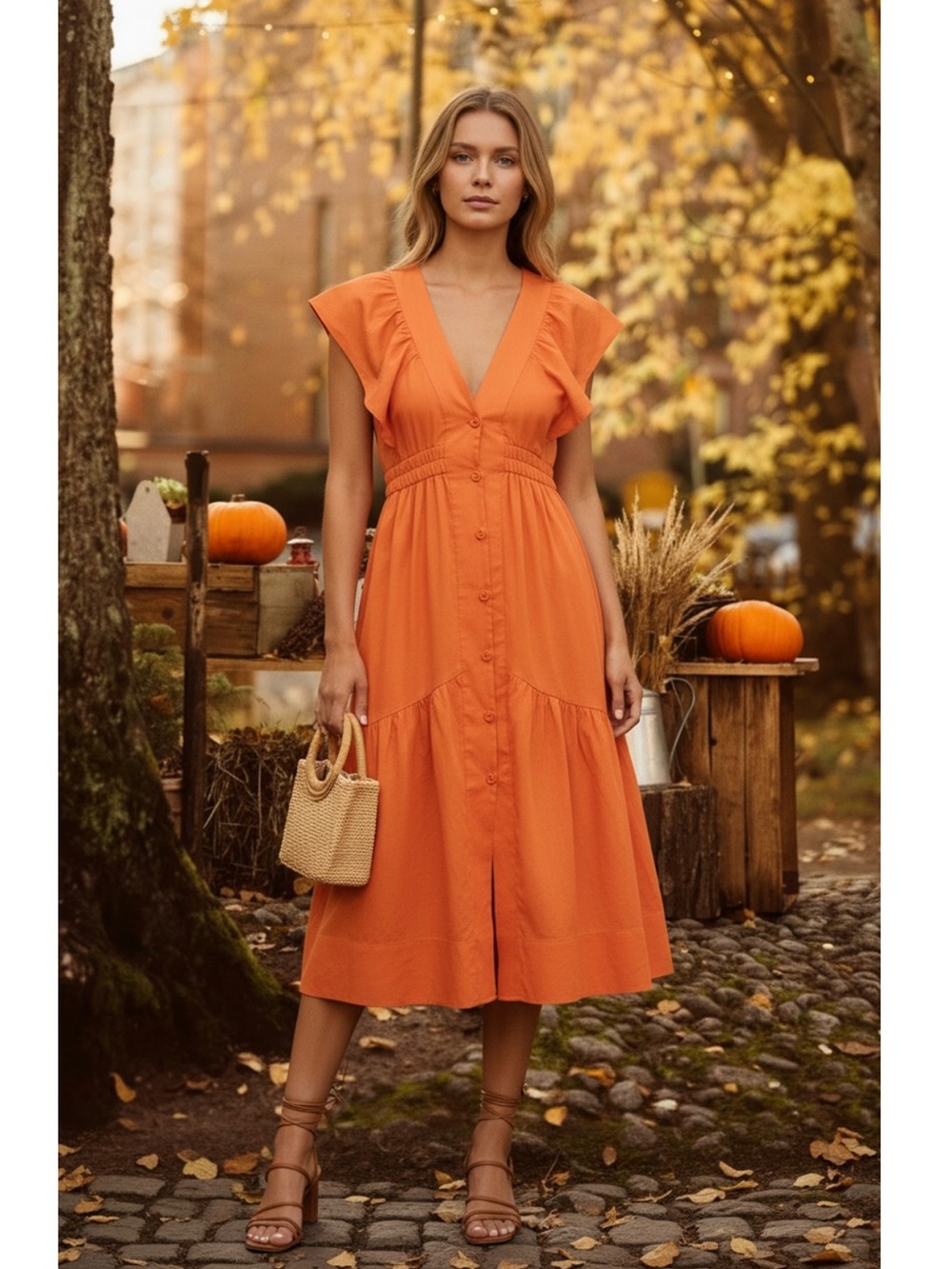 Anthropologie ReneΓ© Flutter Sleeve Linen Midi Dress in Orange Size Medium